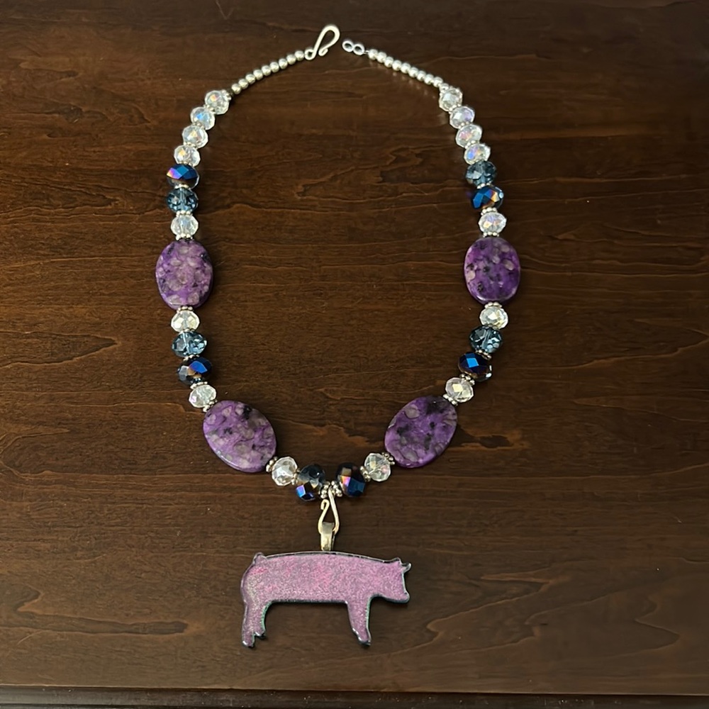 Purple stone and glass pig necklace